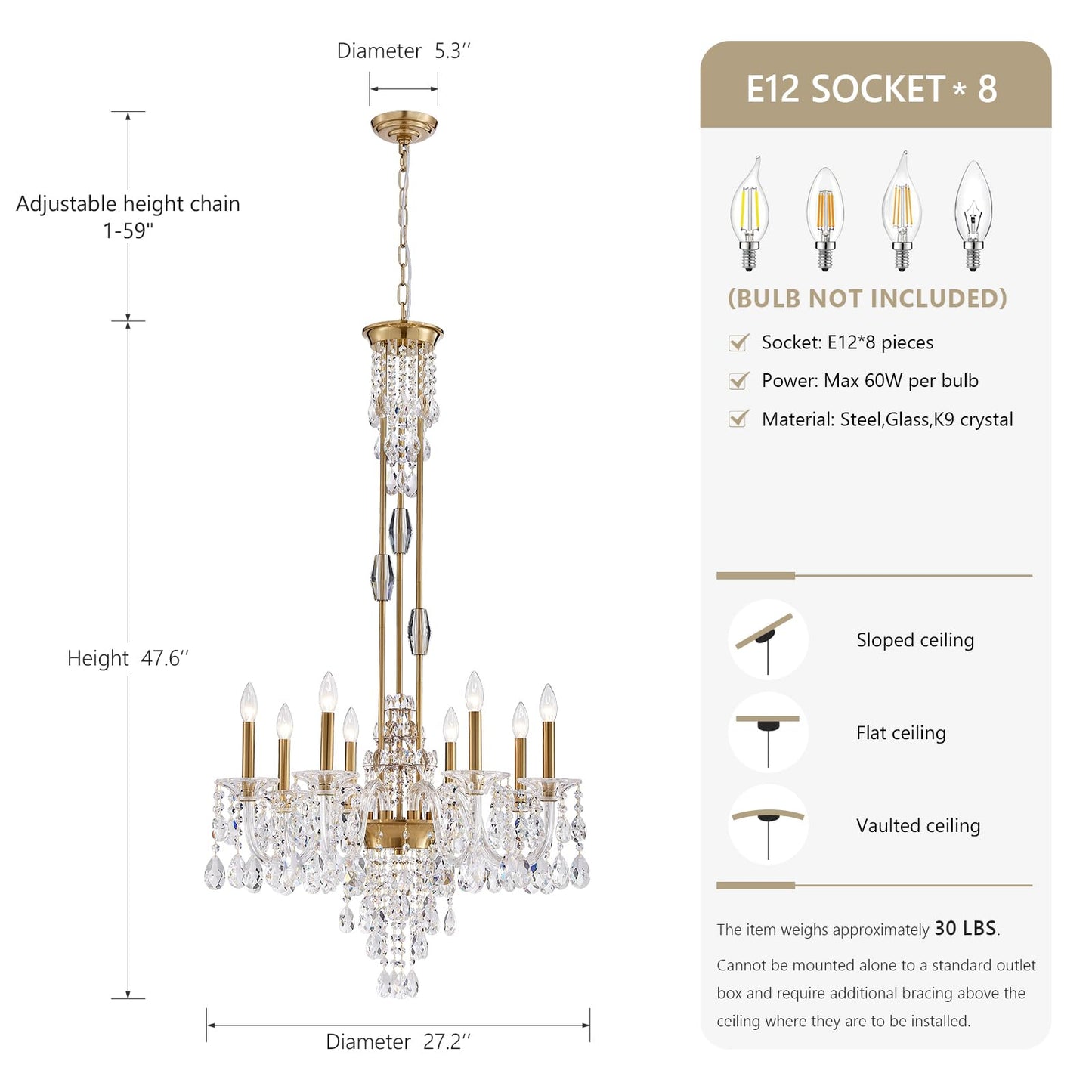 Duluyiee 8-Light Crystal Candle Chandelier, Brass Gold Chandelier for Dining Room, Entryway & Living Room, Adjustable Height, E12 Base