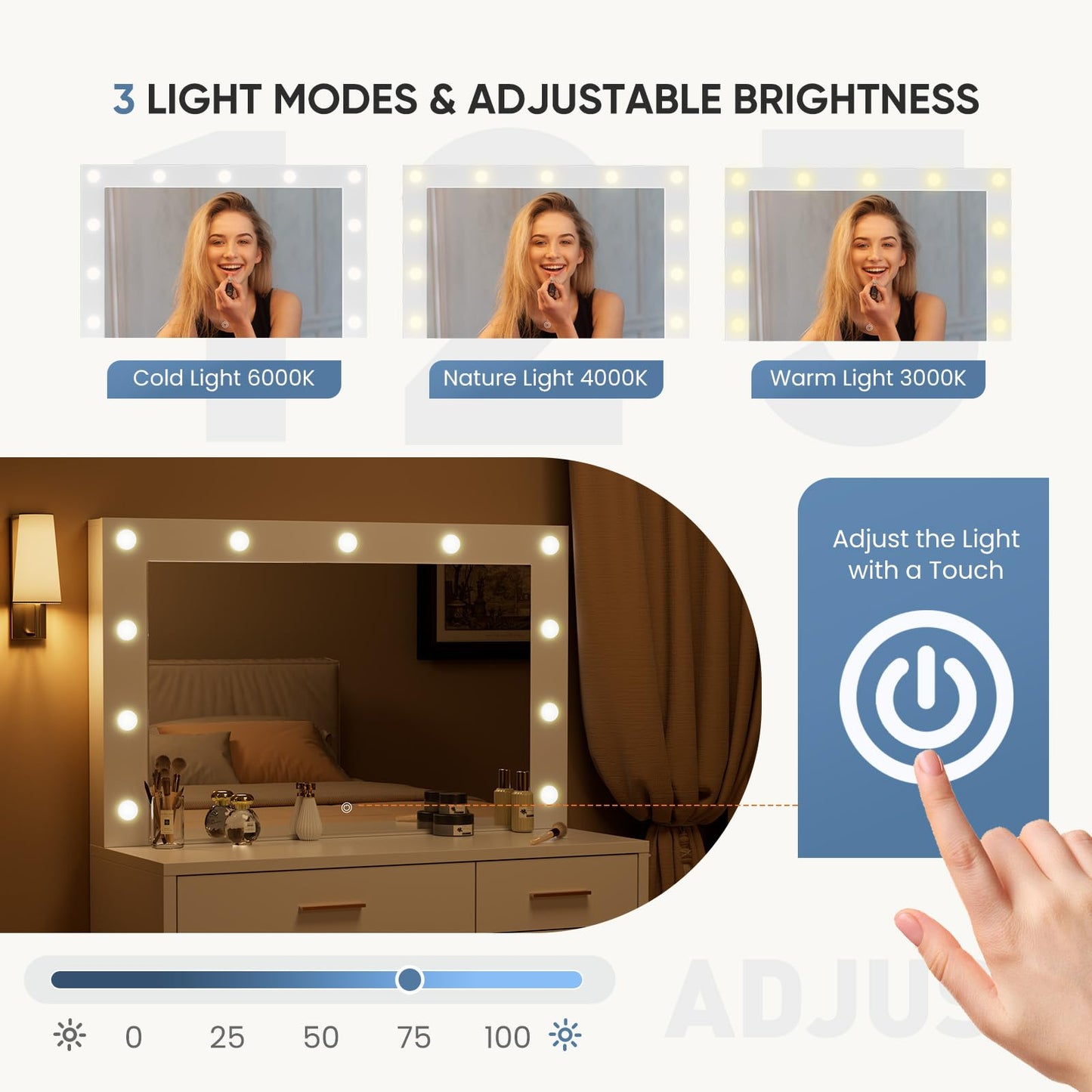 DUMOS Vanity Desk with Mirror and 11 LED Lights, Makeup Vanity Table with Charging Station (2AC/USB/C), Dressing Table with 2 Drawers & Large Cabinet, 3 Lighting Color Adjustable, White