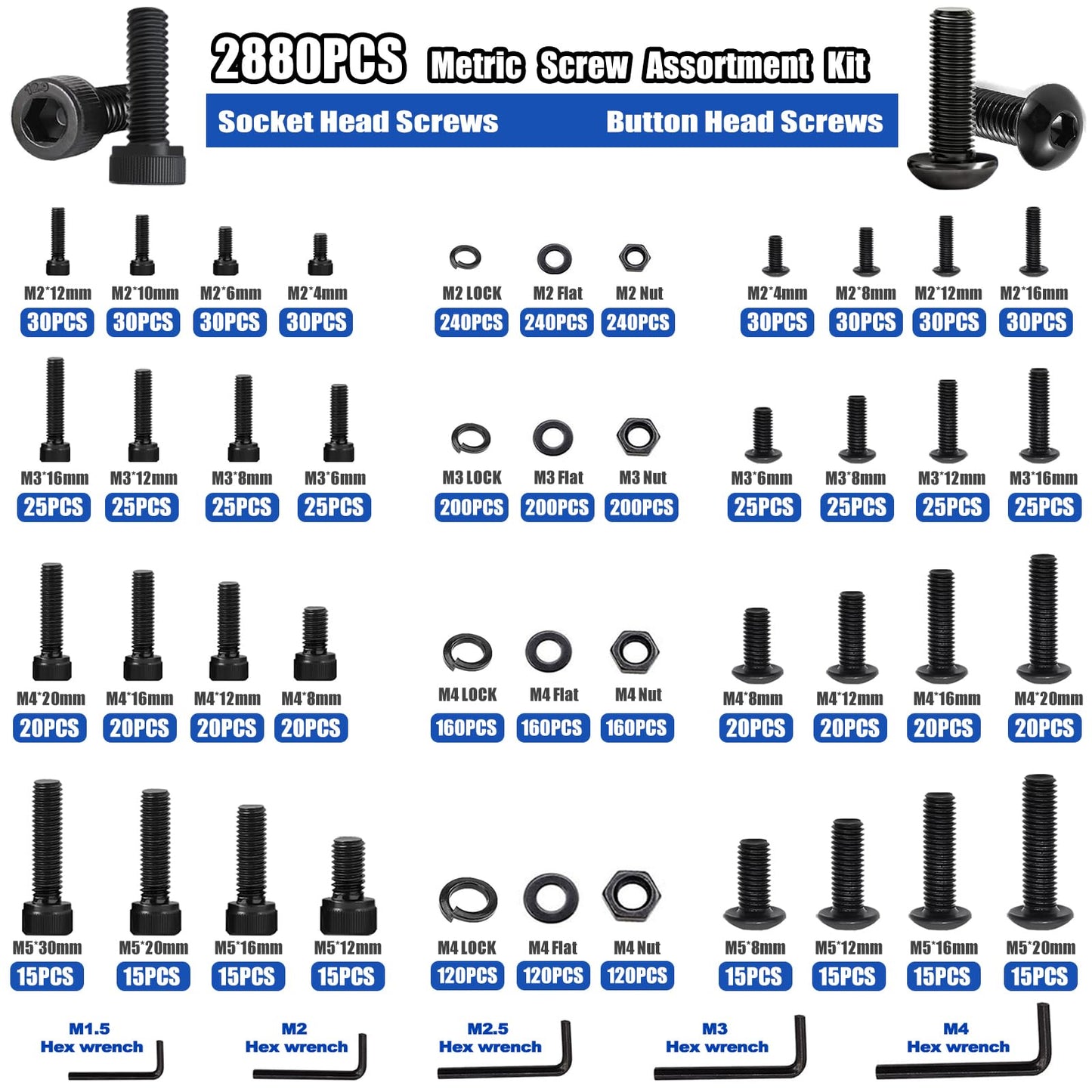 Taiss 3160PCS Metric Flange Bolt Assortment Kit,Nuts and Bolts Assortment Kit M2 M3 M4 M5 M6x1.0 M8x1.25 M10x1.5 Bolt(4-45mm) 42 Sizes Hex Socket Button & Cap Head Metric Screw 10.9 Black Zinc Plated