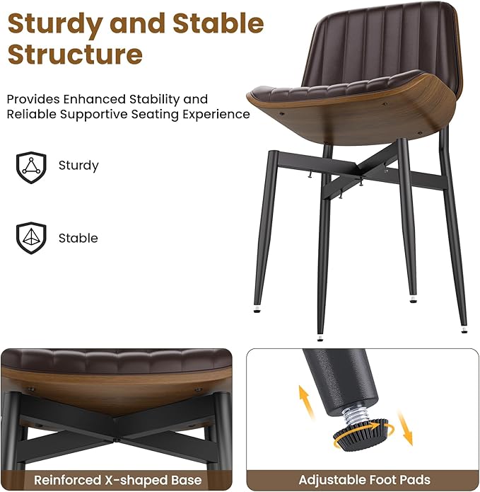 YaFiti Dining Chairs Set of 8, Mid Century Modern Dining Room Kitchen Chairs, Upholstered PU Leather Vertical Stripe Chairs for Vanity with Walnut Bentwood and Metal Legs, Brown