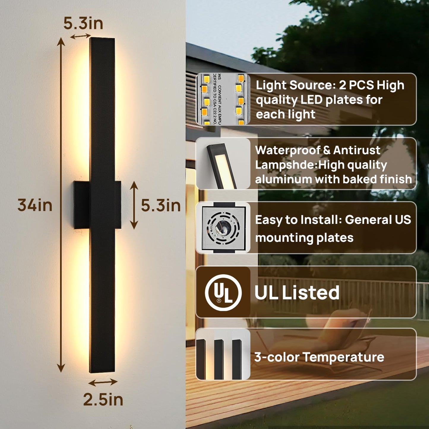 JOKAONOTL Upgraded 34in Black Long Modern LED Outdoor Wall Lights 3000K 4000K 5000K Dimmable Exterior Wall Sconce Outside Light fixtures for House Garage Front Door