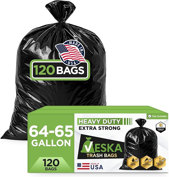 Veska 65 Gallon Trash Bags Heavy Duty | 120 Count | 64 Gallon Trash Bags for Toter - Large Garbage Bag 70 Gallon