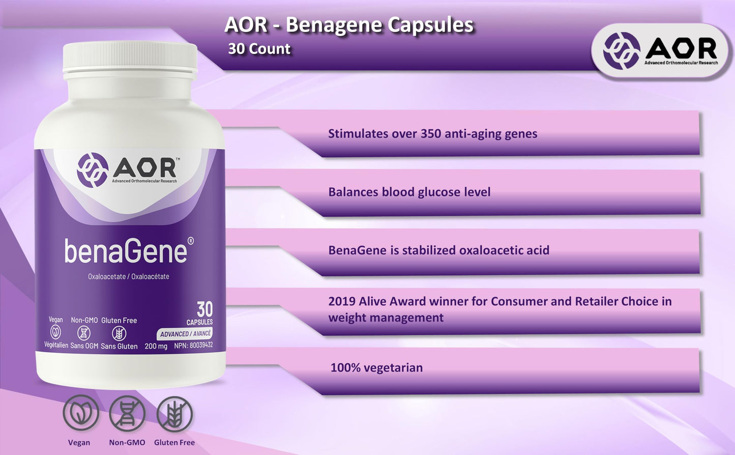 AOR, benaGene, Supports Healthy Aging, Energy and Longevity, Dietary Supplement, 30 servings (30 capsules)