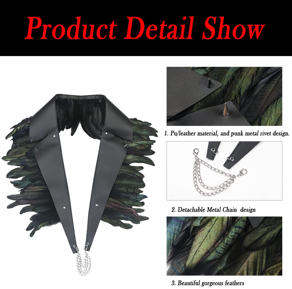 L'VOW Real Black Feather Cape with Metal Chain PU Leather Gothic Shawl Shrug Halloween Costume for Women and Men(Black)