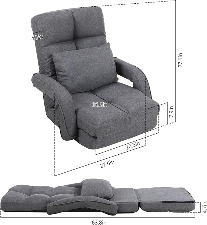 DeeLyan Indoor Floor Chair with Armrest and Pillow Folding Chaise Lounge Sofa 14-Position Adjustable Comfy Gaming Recliner Chair Padded Seats for Adults (Grey)