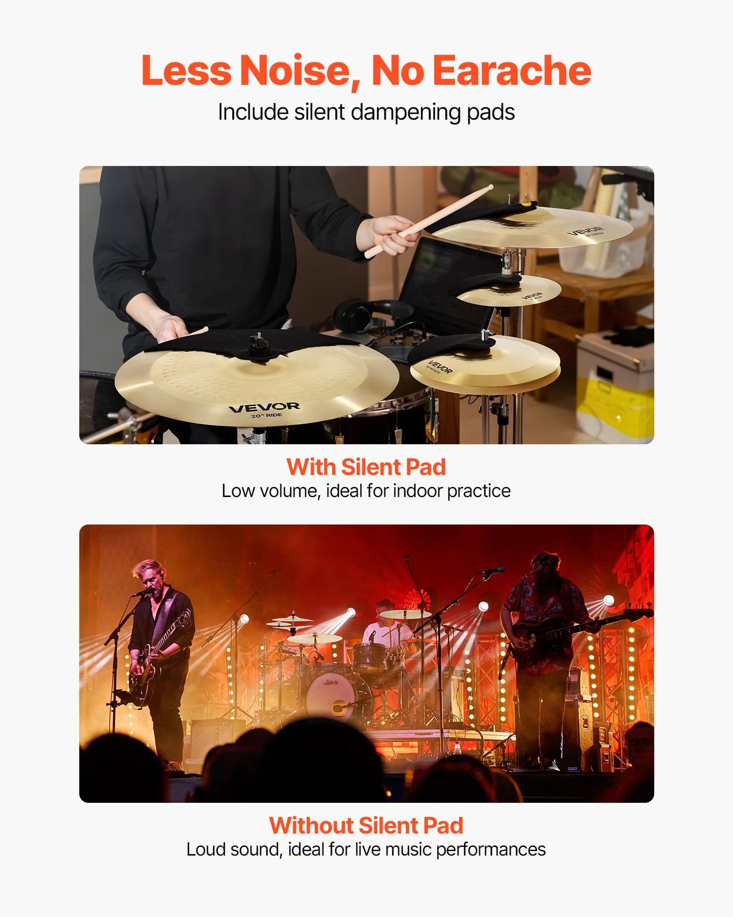 Vevor Cymbal Pack, 4 Pieces Cymbals For Drum Set, Alloy Cymbals Drum Set Includes 14-Inch Hi-Hats, 16-Inch Crash, 20-Inch Ride,