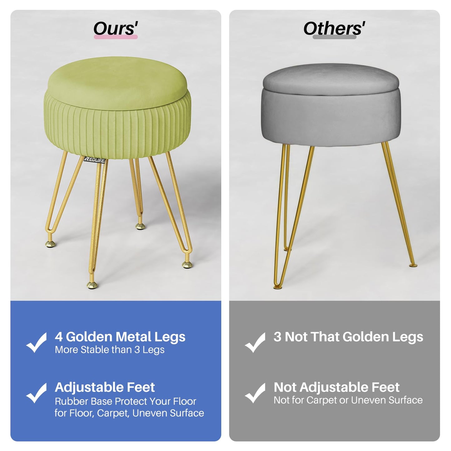Redlife Vanity Stool with Storage, Round Makeup Vanity Stool with 4 Gold Legs Small Velvet Make Up Chair Multifunctional Storage Ottoman Stools for Makeup Room Bedroom (Light Green)