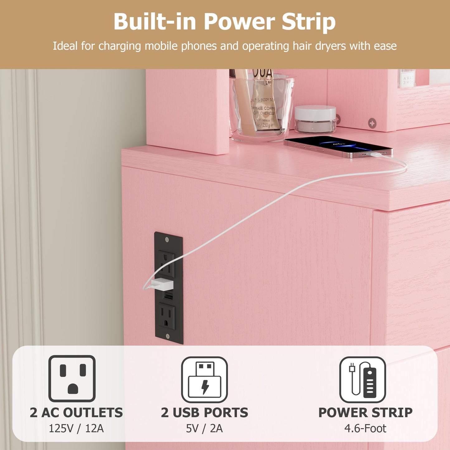 Garvee Vanity Desk with Mirror & Light, Makeup Vanity Table with Charging Station, Large Storage Cabinet & 2 Drawers & 3 Open Shelves, 3 Lighting Modes Adjustable Brightness, Bedroom Dressing, Pink
