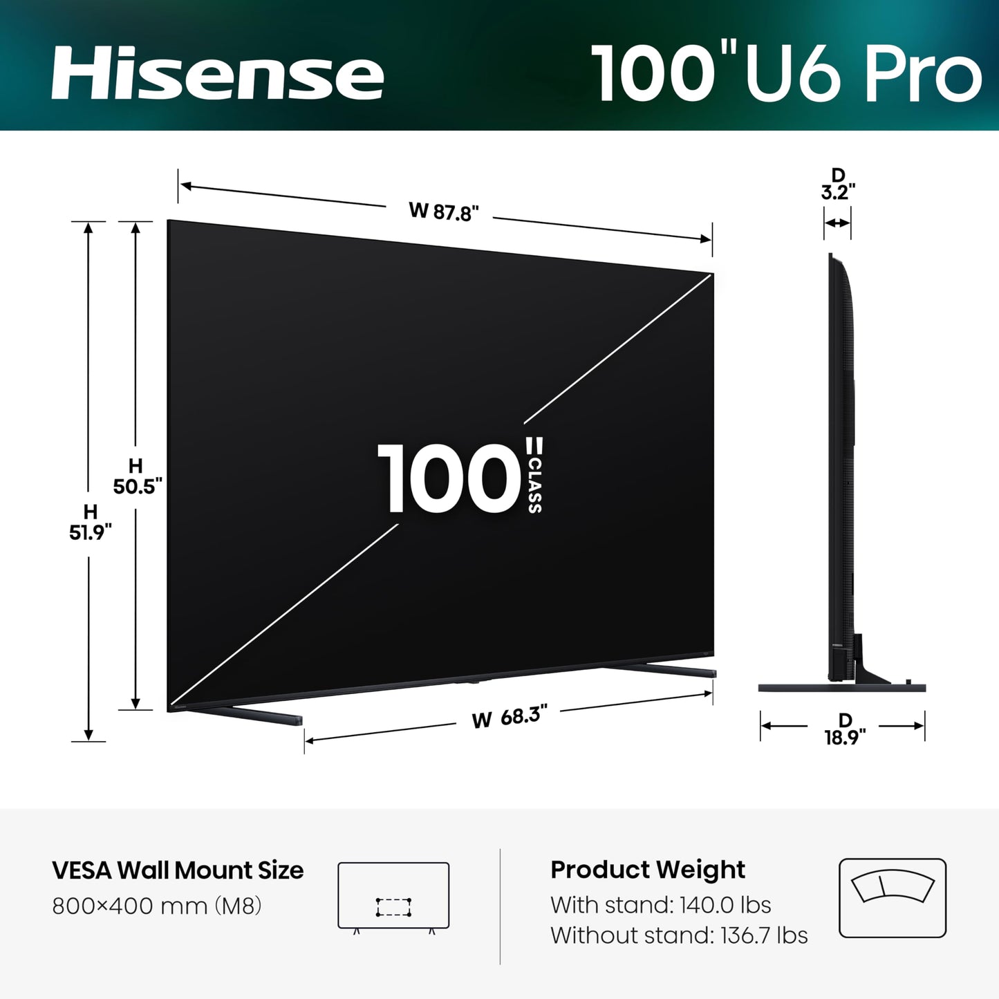 Hisense 100" U6 Pro Series Mini‑LED ULED 4K UHD HDR Gaming AI Smart Fire TV (100U6SF Pro, 2026 New) – Hi-QLED, Native 144Hz, Motion Rate 480, Dolby Vision IQ,· Atmos, HDR10+, Glare-Free, Alexa+