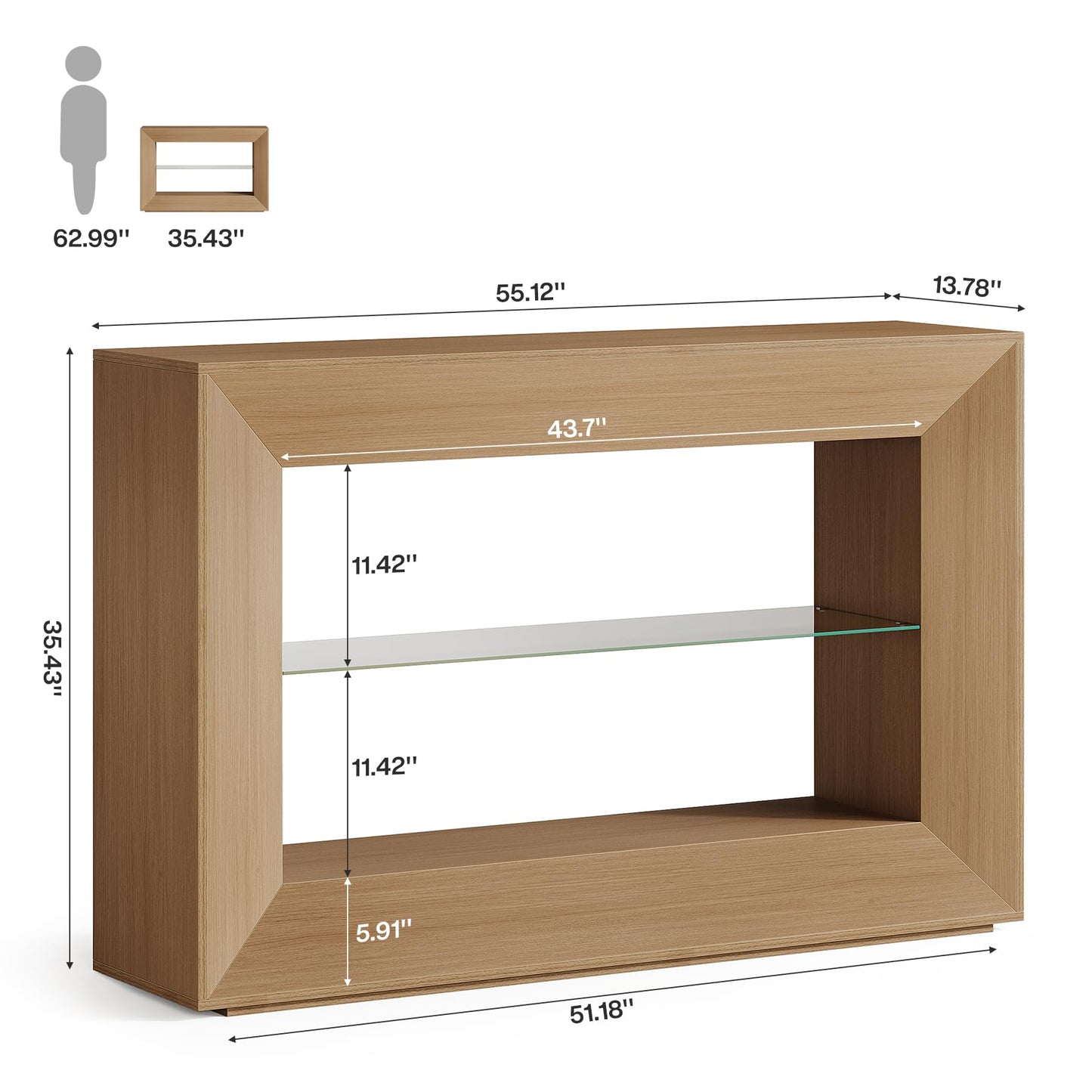 Tribesigns 55-Inch Sofa Table, 3-Tier Farmhouse Console Table with Glass Storage Shelf for Living Room, Entryway, Couch, Hallway, Foyer, Oak