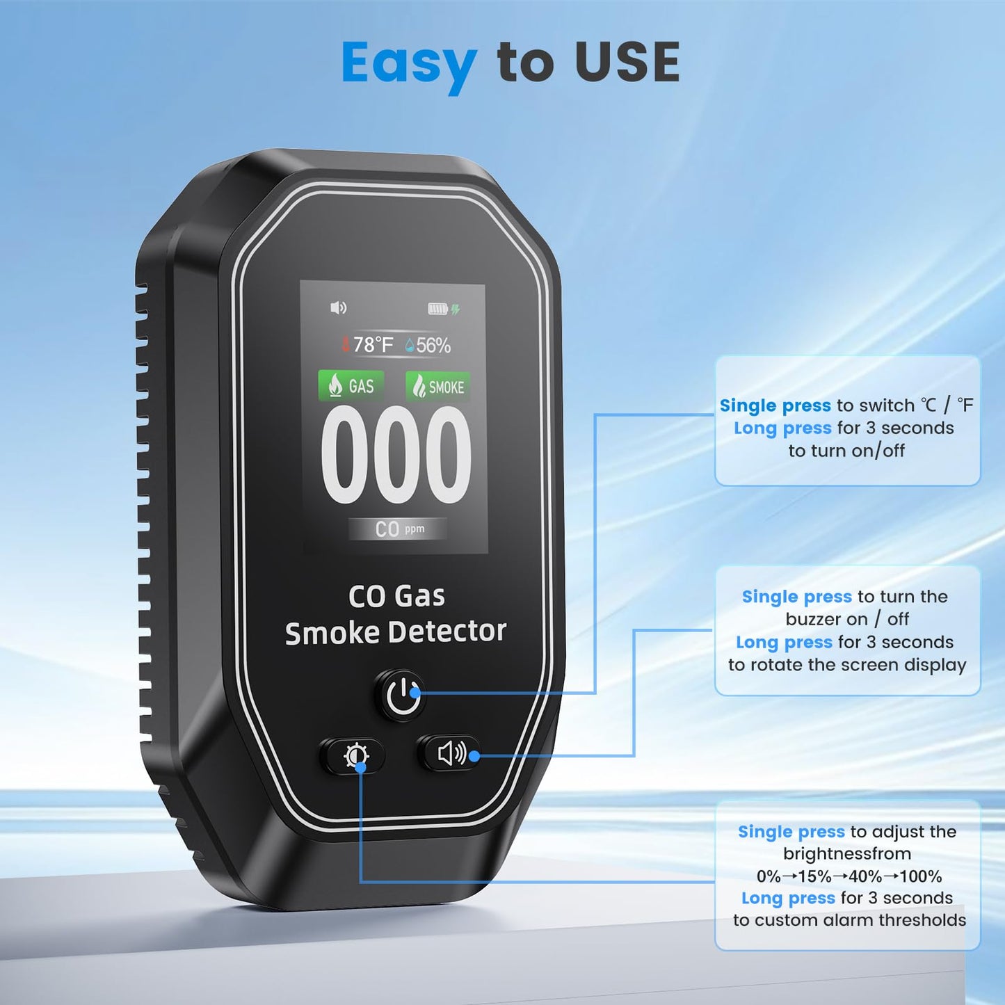 6-in-1 Portable Carbon Monoxide Detectors Plug in, MODOFO TOOL Smoke and Carbon Monoxide Detector with Built-in Battery, Natural Gas Leak Detector, HD Display for CO, Gas, Smoke, Temp, Humidity Black