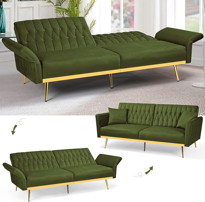 ACMEASE 70” Velvet Futon Sofa Bed w/Adjustable Armrests & 2 Pillows, Convertible Futon Couch w/Adjustable Backrests, Modern Sleeper Bed for Living Room, Bedroom, Olive Green