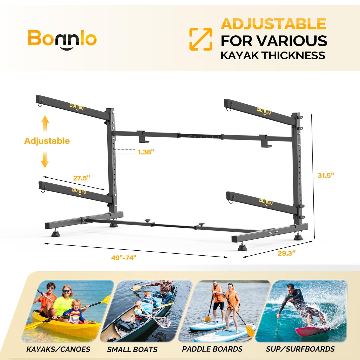 Bonnlo Kayak Storage Rack, Adjustable Heavy Duty Kayak Rack for 2 Kayaks Paddle Boards, Kayak Paddle Holder for Garage Holds up to 274 lbs, Spacesaver, Gentle on Padding, Boat Organizer
