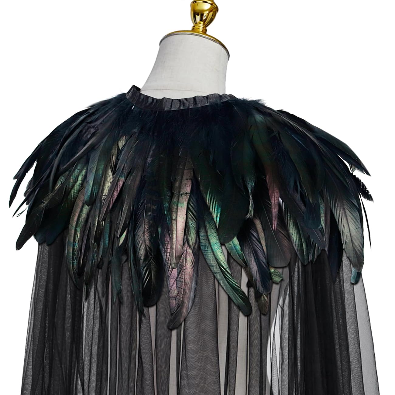L'VOW Women Black Feather Cloak Gothic Feather Collar Tulle Cape Vampire Cloak Witches Cape Cosplay Costume