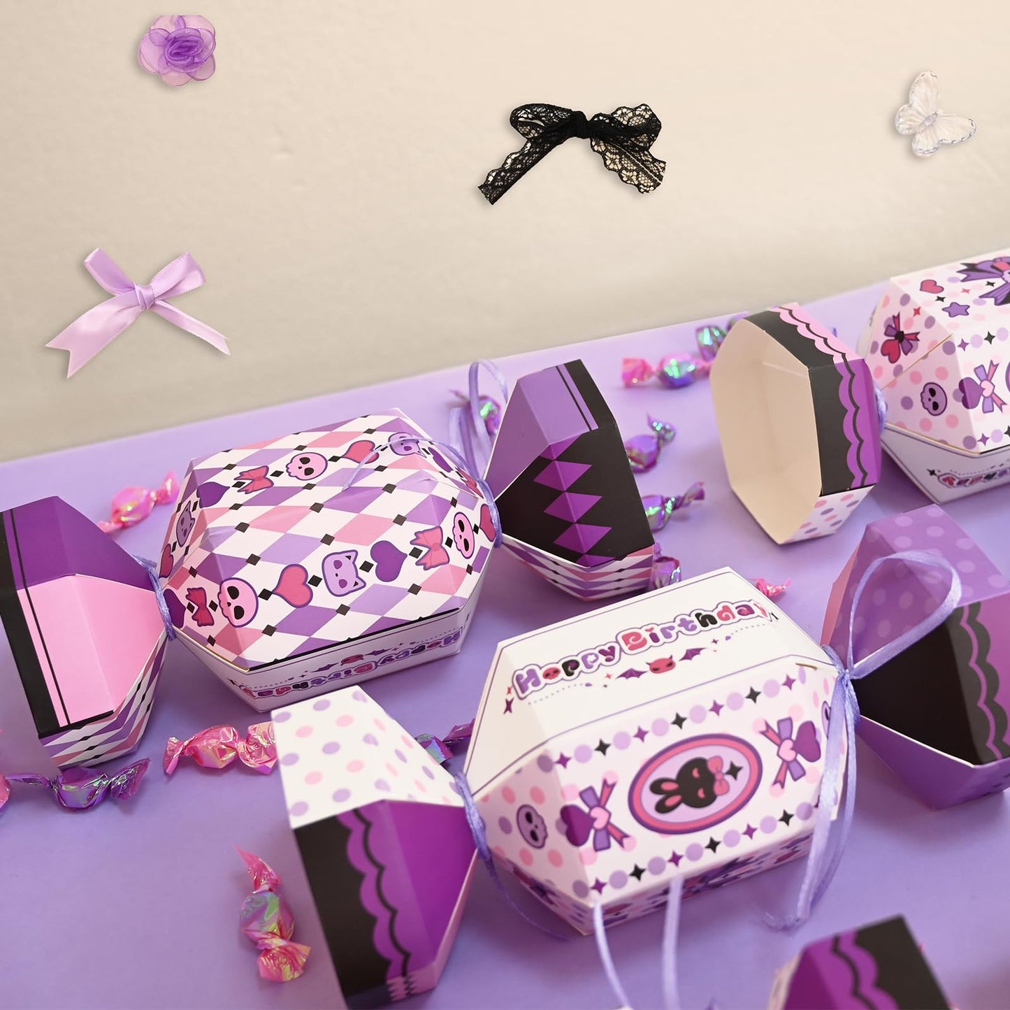 Bupelo Gothic Kawaii Birthday Decorations, 12Pcs Cartoon Party Candy Bags Treat Bags - Cute Skull & Bow Design, Light Purple Paper Party Favor Gift Decors for Girls Kids Birthday, Halloween (8.1x2.7 Inch)