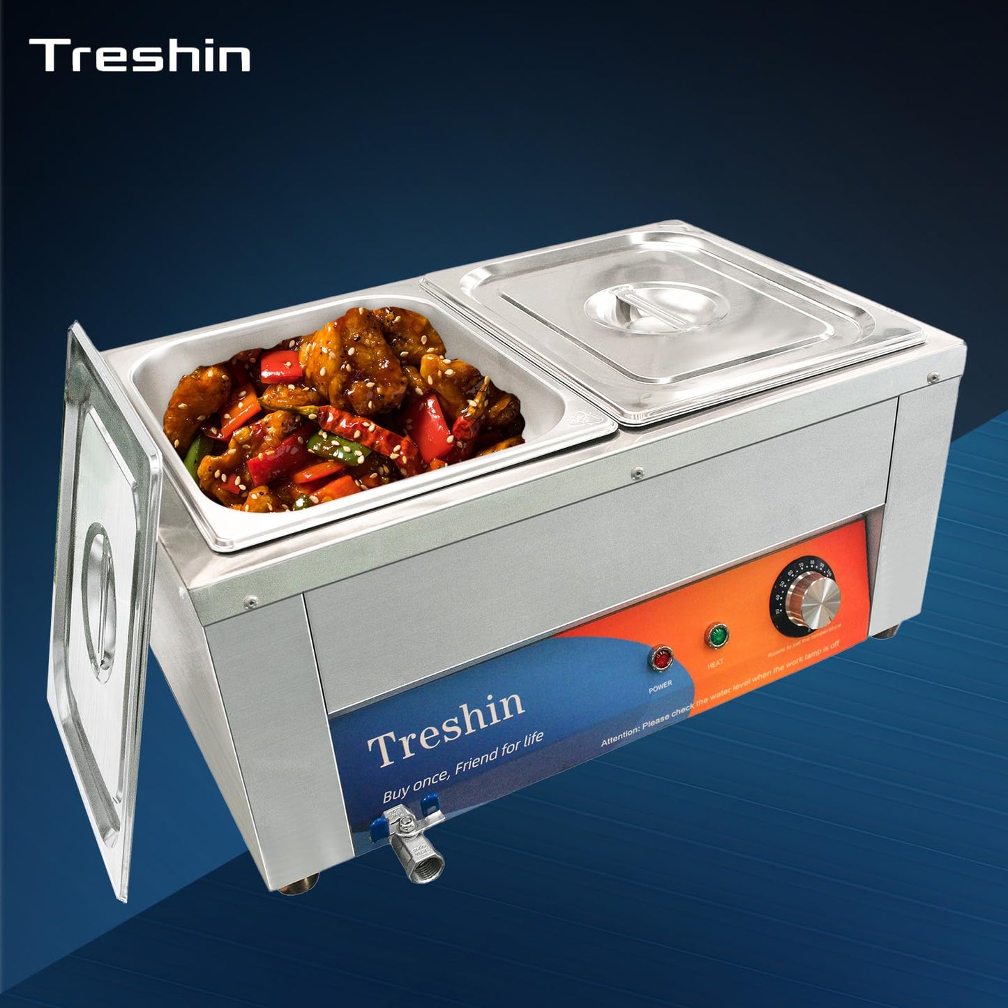Treshin 2 Pan Commercial Food Warmer 21 Qt Capacity 1200W Stainless Steel Electrical Bain Marie Buffet Food Warmer Steam Table with Temperature Control & Lid for Home, Party, Catering, Restaurants