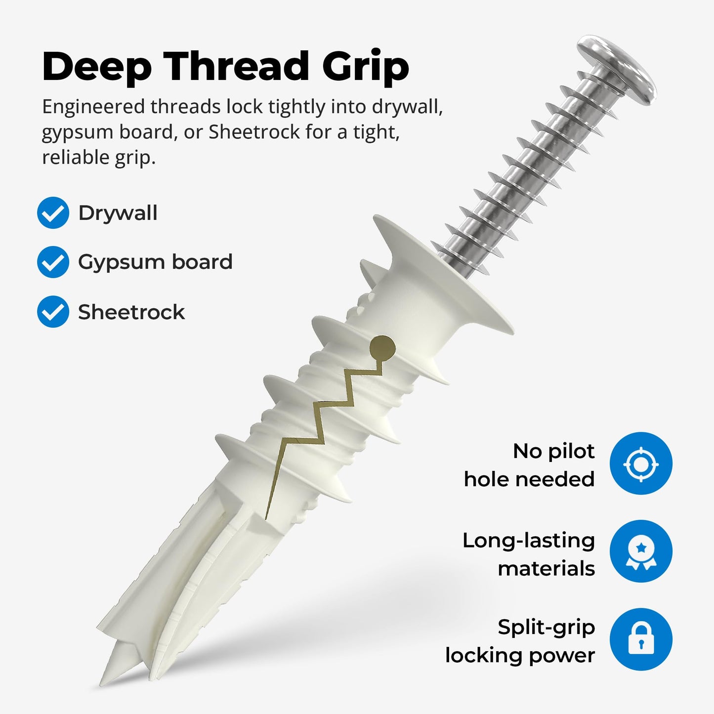 #8 Self Drilling Drywall Plastic Anchors with Screws - No Pre Drill Hole Preparation Required - 75 Lbs (25 Pack)