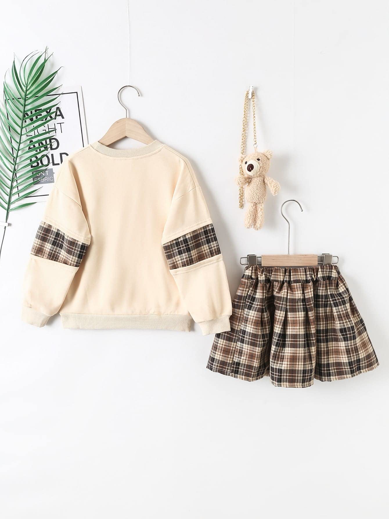 OYOANGLE Girl's 3 Piece Outfits Cartoon Print Long Sleeve Pullover Sweatshirt Top and Plaid Skirts and Bag Sets Multicolor 160