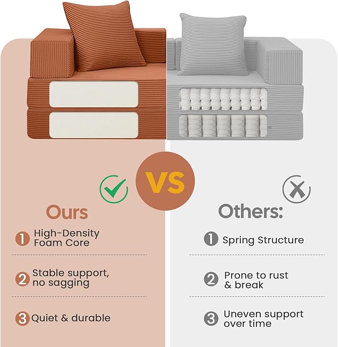 COMAX Futon Sofa Bed, 4‑in‑1 Convertible Sofa Bed, Folding Boneless Couches for Living Room, Fold Out Small Foldable Loveseat Floor Sleeper Comfy Mattress Lounge Space‑Saving, Light Orange
