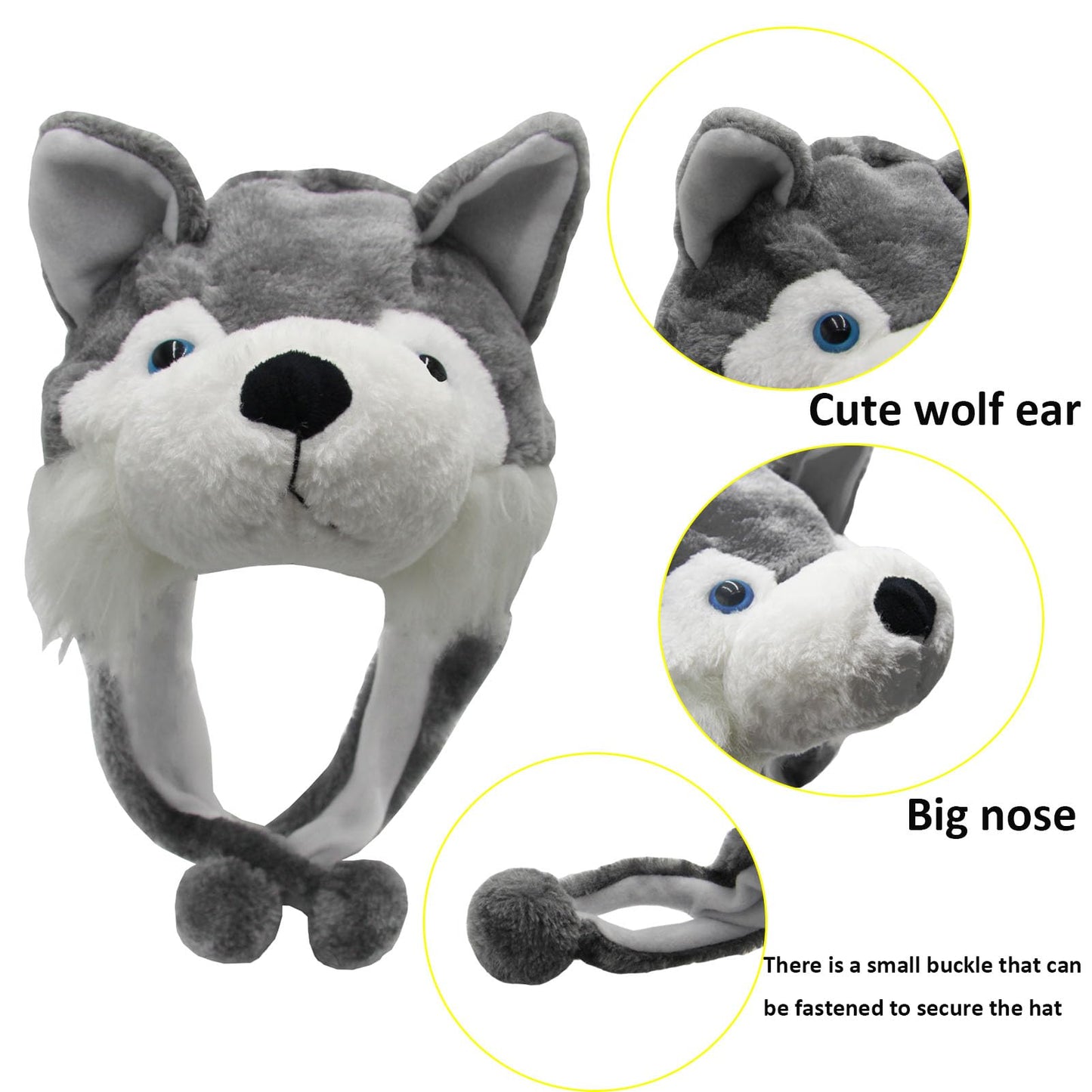 GADMEXILY Plush Husky Animal Hat for Halloween Christmas,Cozy Funny Hats Novelty Party Cap for Kids Girls Boys - One Size (Husky)