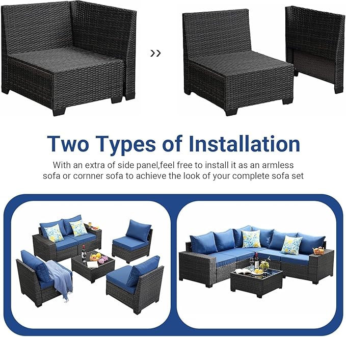 SunloungeCo 6 Pieces Patio Furniture Set, Outdoor Couch Sofa with Wider Armrests & Glass Coffee Table, Outdoor Sectional Furniture with Thick Cushions for Party, Poolside,Garden-Navy
