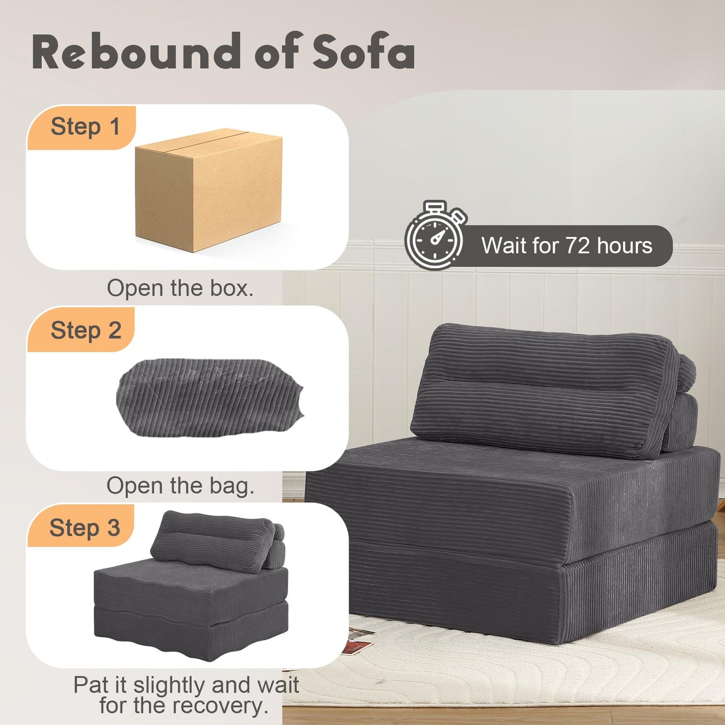 MeMoreCool Convertible Sofa Bed Folding Bed Chair, Boneless Sleeper Chair with Pillow, Fold Out Couch Lazy Floor Futon Lounger for Guest Small Space, Portable Foldable Mattress Couch Single, Grey