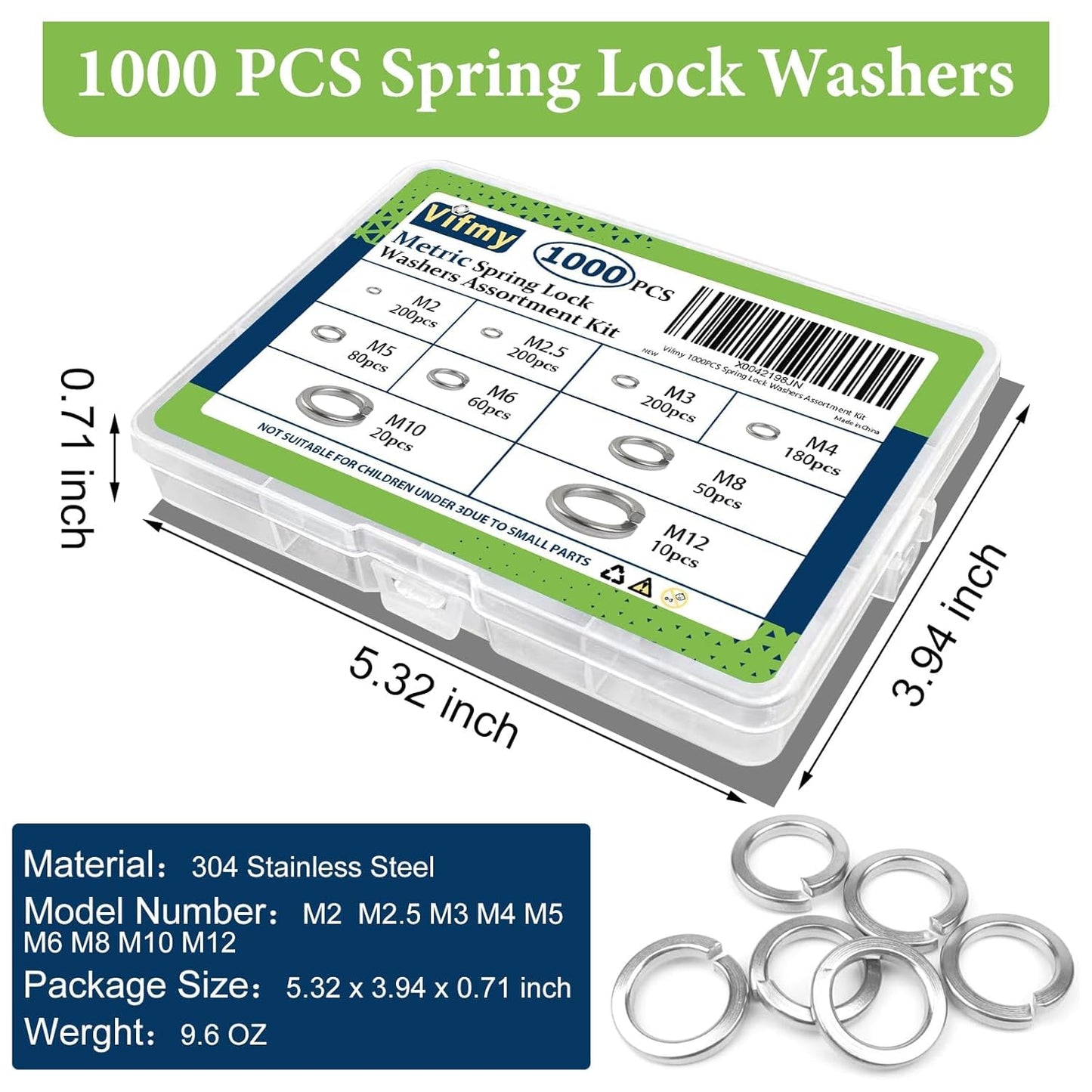 Vifmy Spring Lock Washers Assortment Kit(1000 Pack), M2 M2.5 M3 M4 M5 M6 M8 M10 M12 Metric Split Lock Washer Set,304 Stainless Steel Lock Washers for Screws Bolts