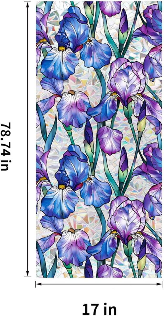 Stained Glass Window Film UV Resistant Window Privacy Film Purple Floral Privacy Rainbow Decals Living Room Bedroom Sun Blocking Decor Removable Static Cling Stickers 17 x 78.74 Inch