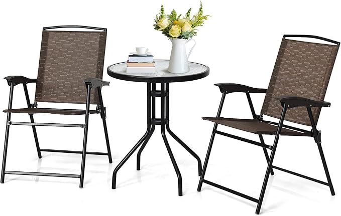 Tangkula 3 Pieces Patio Bistro Set, Outdoor Folding Chairs & Table Set with Tempered Glass Tabletop, Round Table & 2 Folda...