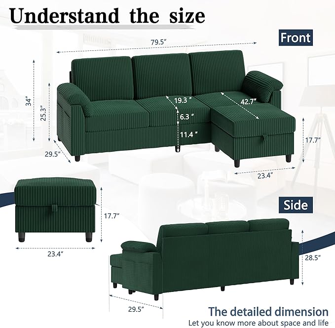 Meilocar Sectional Sofa Couch for Living Room, 79" Sectional Couch with Storage Ottoman, L Shaped Couches with Armrests Side Storage Pockage, 3-Seat Sofa Couches for Living Room, Apartment, Green