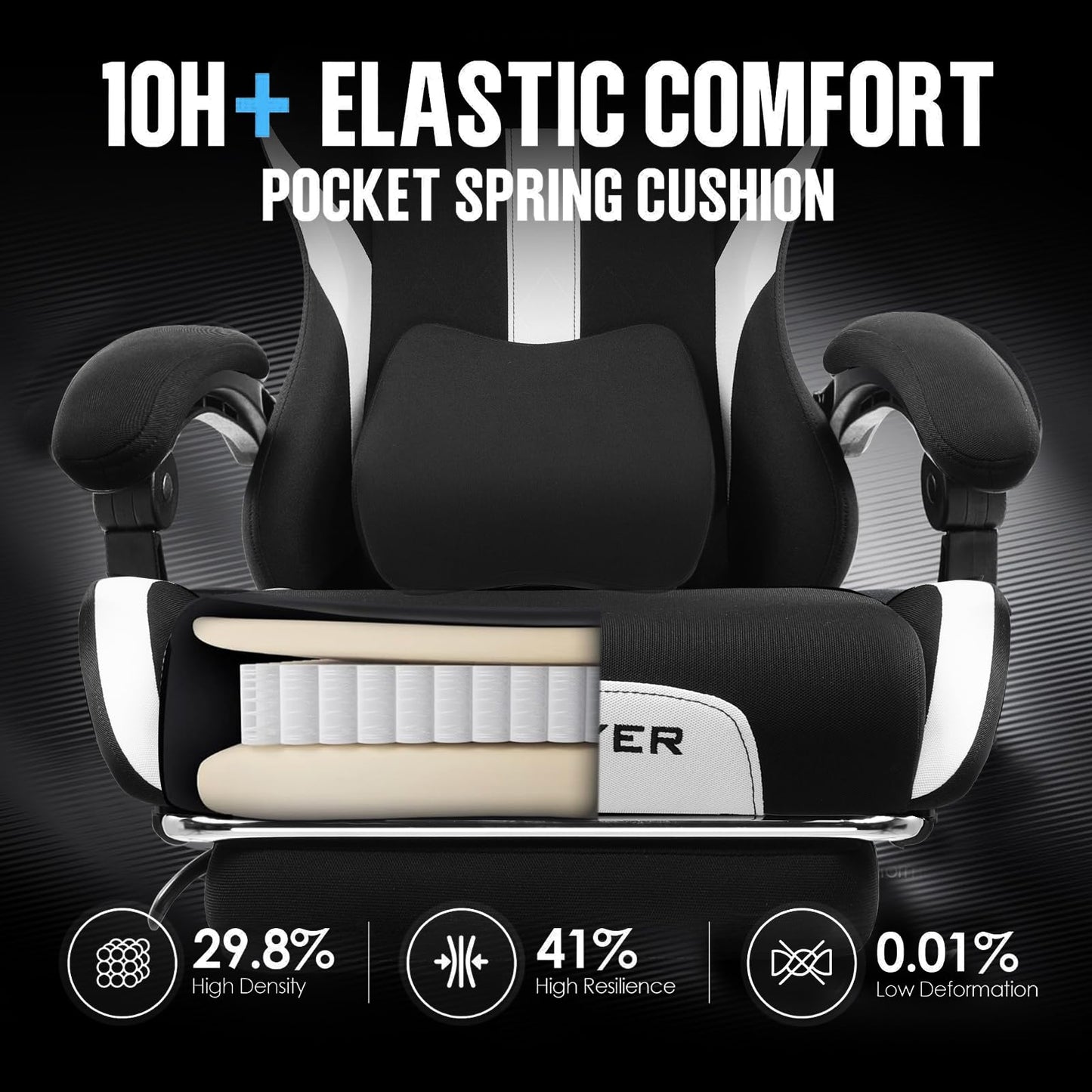 GTRACING Gaming Chair Ergonomic Office Chair with Foot Rest & Pocket Spring Cushion, High Back Computer Desk Chair with Headrest & Lumbar Support, Breathable Fabric Game Chair for Adults, Coal-Black
