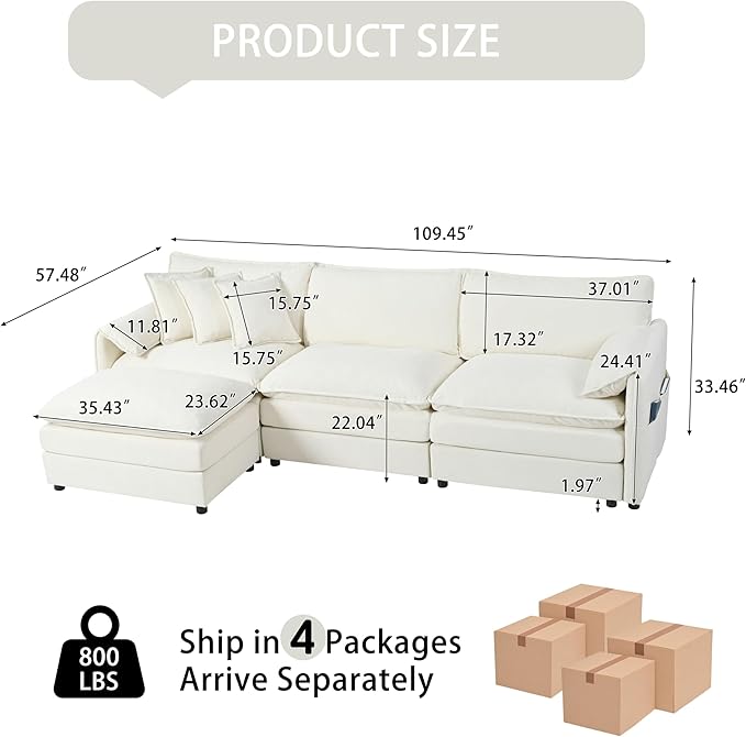 RENDGO 109" Modular Sectional Sofa with 1 Ottoman, Chenille Cloud Couch for Living Room & Apartment, Deep Seat Comfort, Flexible L-Shape Combination Sofa for Home & Office,Beige