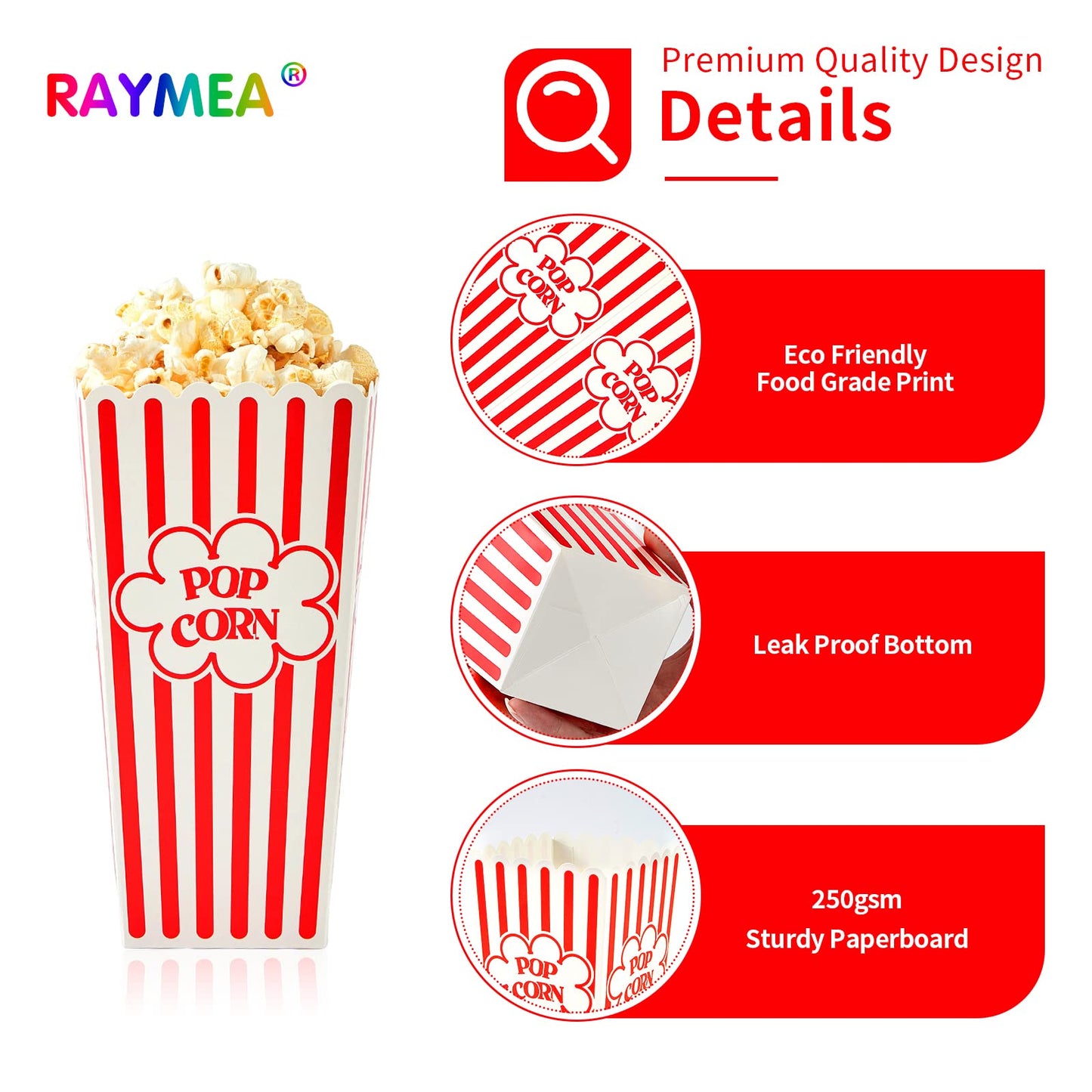 RAYMEA Popcorn Containers Disposable 46 Oz Red & White Striped 28 Pack Cardboard Popcorn Boxes for Movie Night
