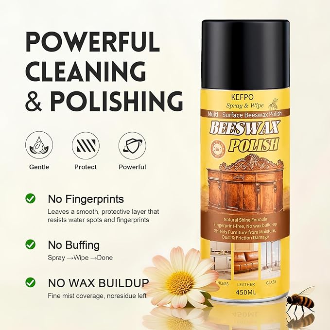 Natural Beeswax Furniture Polish : Wood Cleaner & Protector for Wooden Tables Cabinets Leather Furniture and More 2 Pack