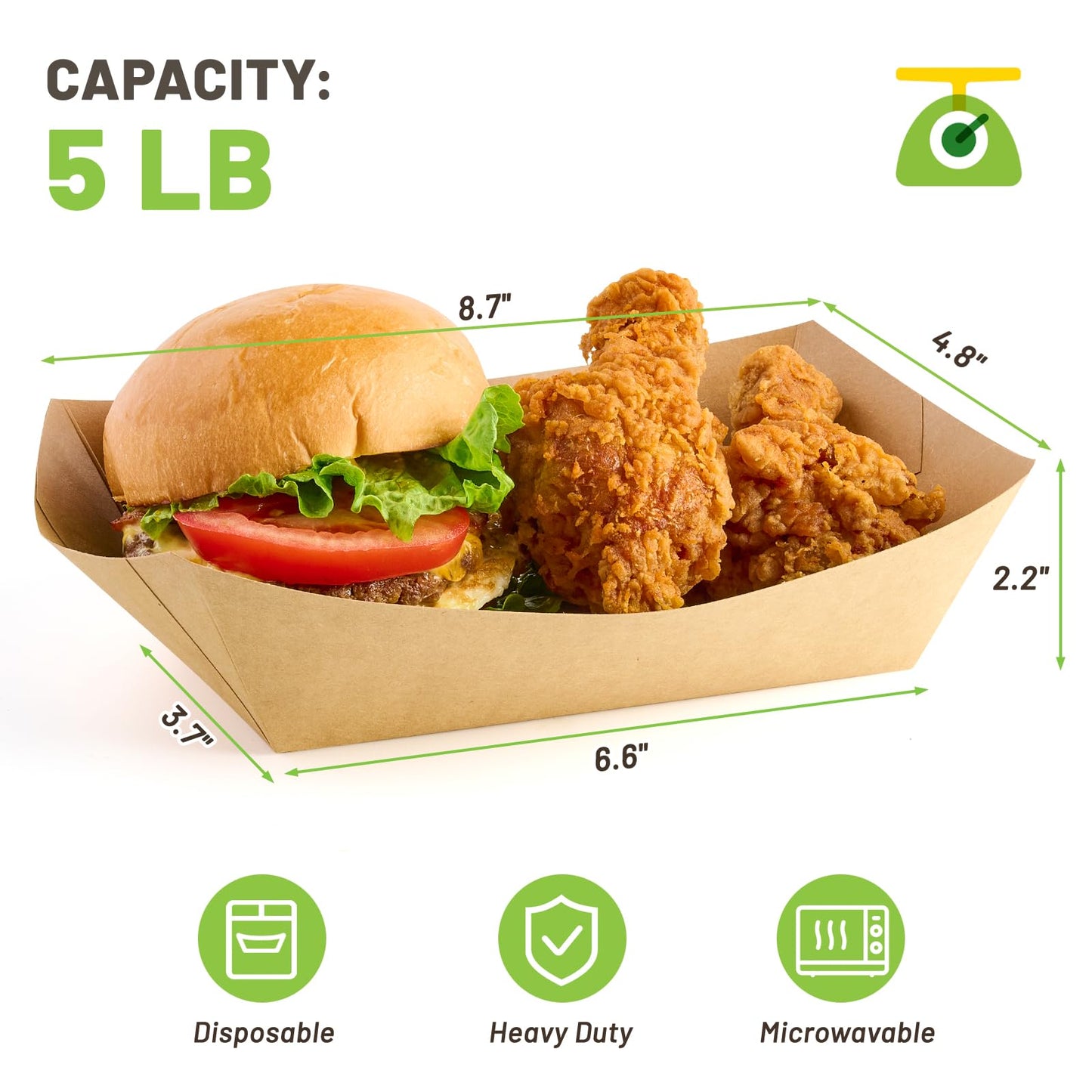 ZORRITA 5 LB Extra Large Paper Food Trays, 50 Pack Disposable Nacho Trays Kraft Paper Food Boats Party Serving Baskets for Sandwiches Burgers Popcorns Snacks