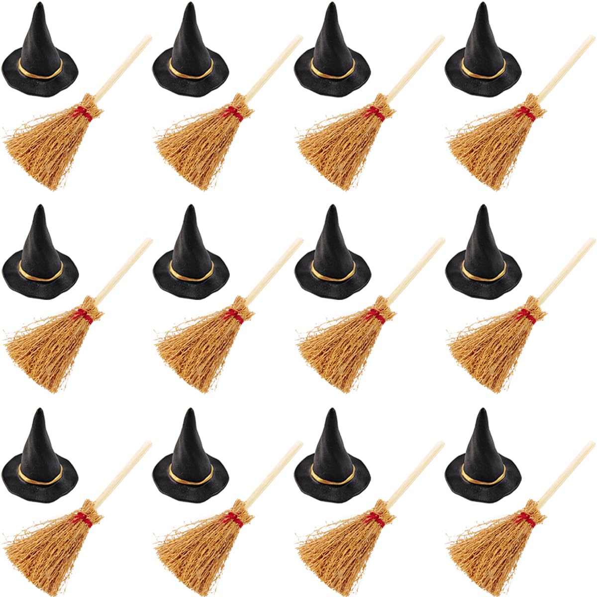 GXXMEI 24PCS/set Mini Witch Hat with Mini Broom Miniature Straw Brooms with Red Rope Plastic Witch Hats and Brooms for Halloween for Halloween Party Craft Witches Decoration Accessory