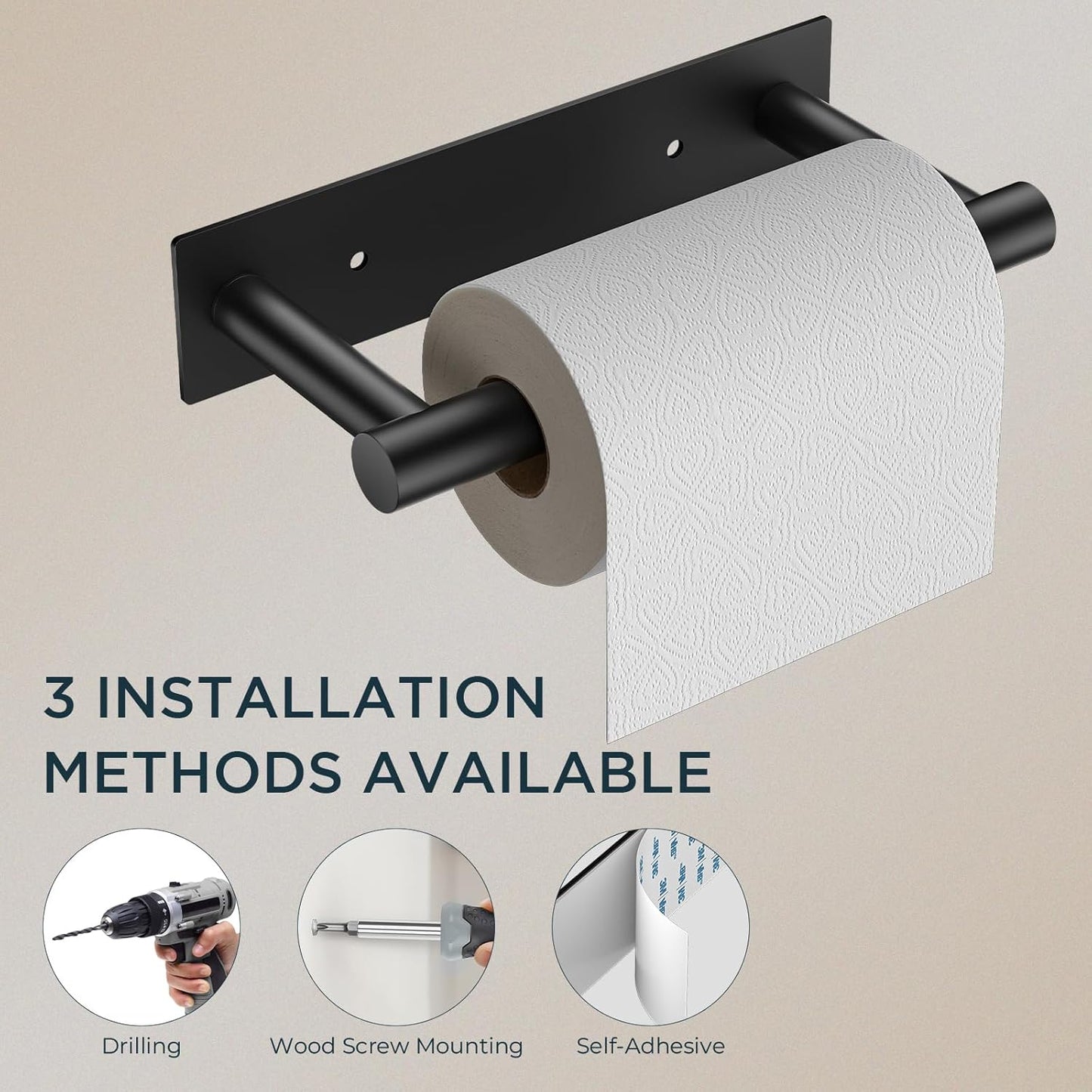 FORIOUS Black Toilet Paper Holder, Adhesive or Wall Mounted Options, Stainless Steel Rustproof Stick on no Drilling Double Post Pivoting Toilet Tissue Roll Holder Wall Mount for Bathroom, Matte Black