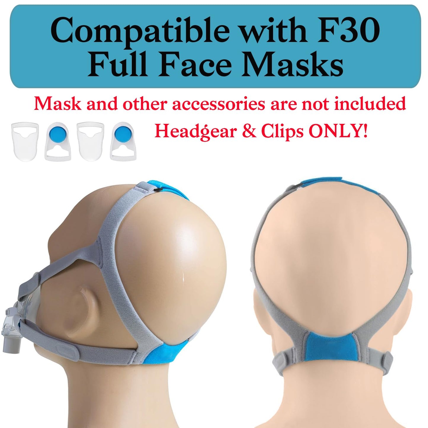 Tegneo 2-Pack Headgear Compatible with Airfit F30 CPAP Mask, Headgear Strap Replacement for F30, Adjustable Headband with 4 Clips, Medium
