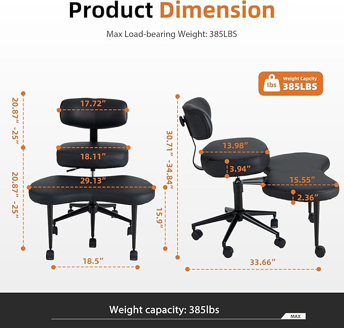 DUMOS Ergonomic ADHD Cross Legged Office Desk Chair with Adjustable Backrest, Height Adjustbale Meditation Chair with 360° Swivel Footstool, PU Leather Yoga Stool for Home Office, Black