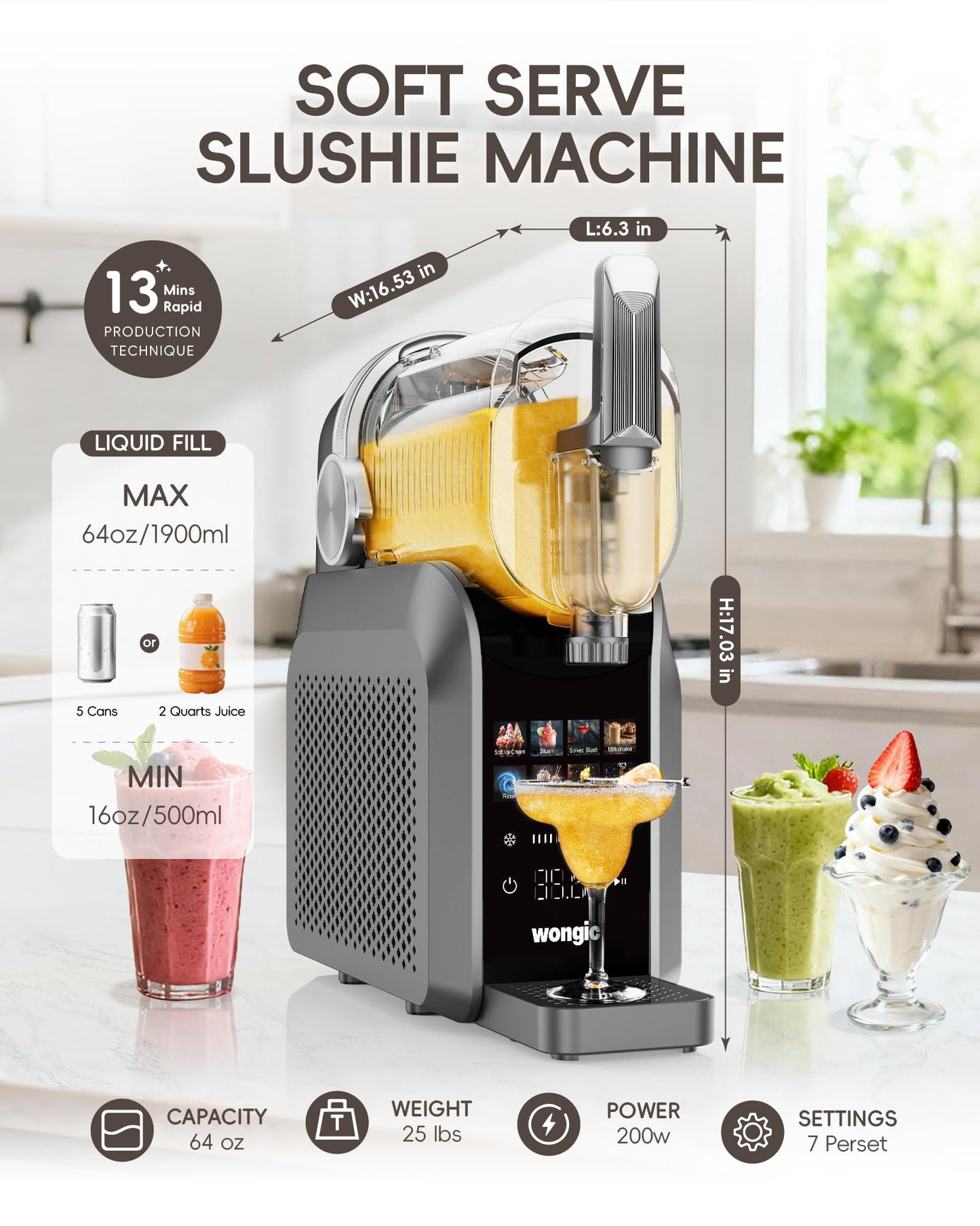Slushie Machine Pro, No Ice Needed, 88oz Slushy Machine for Home, Frozen Drink Maker with 7 Preset Programs, Add Ice Cream model, Margaritas, Frappés, Milk Shake, HD color touch screen, Auto Rinse