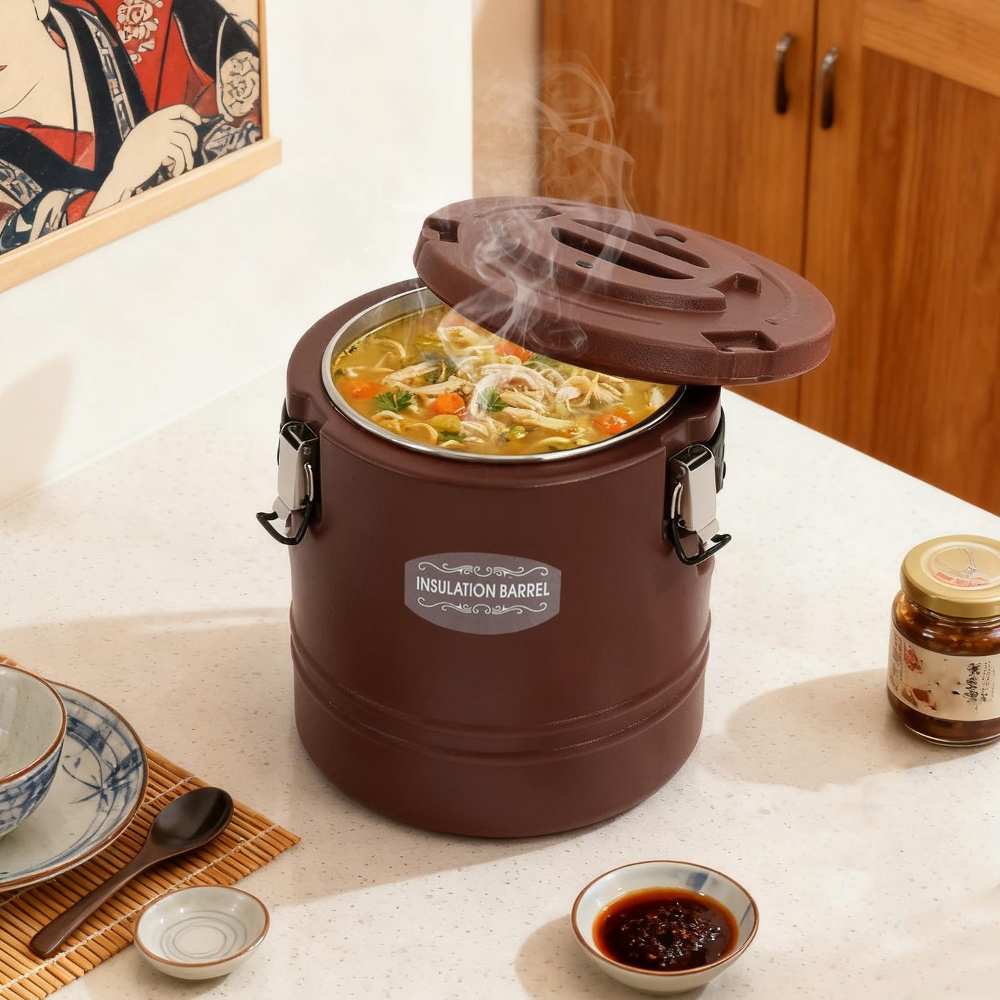 LOYALHEARTDY Commercial Insulated Food Container, 16QT/4Gal Insulated Soup Container Bucket Commercial Food Warmer Insulation Barrel for Hot or Cold Food for Restaurant, Canteen, Home (Brown)