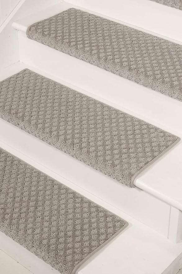 Oak Valley Designs™ Rounded Bullnose Carpet Stair Treads, Anti Slip Indoor Stair Mats for Wooden Stairs - Style: Bayside Charm, Light Grey 35" W X 9.75" D (Set of 14)
