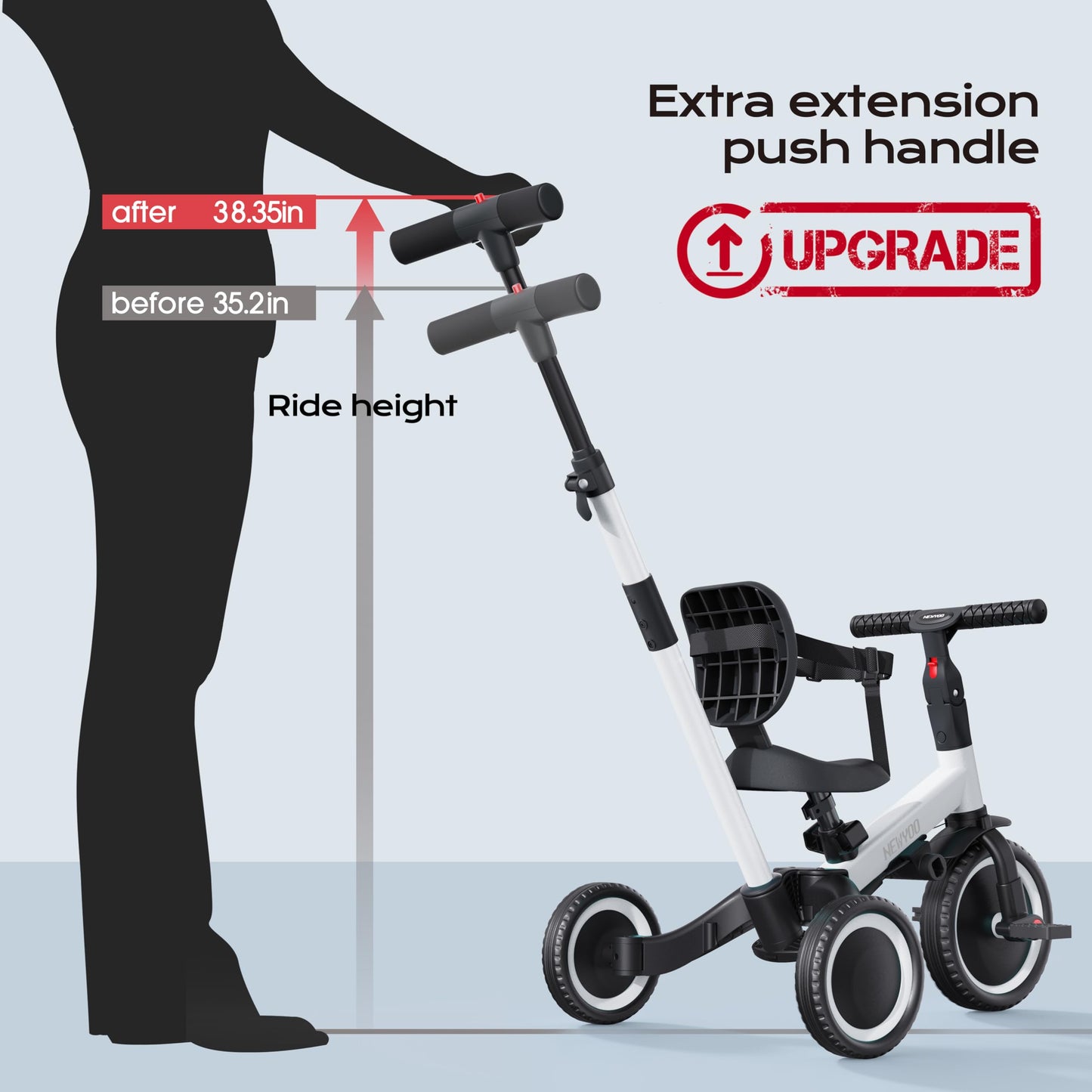 newyoo Toddler Bike, 4 in 1 Tricycles for 1,2,3 Year Olds, Balance Bike, Birthday Gift and Toy for Boys and Girls, Kids Tricycle with Parent Steering Push Handle, Removable Pedals, White, TR007