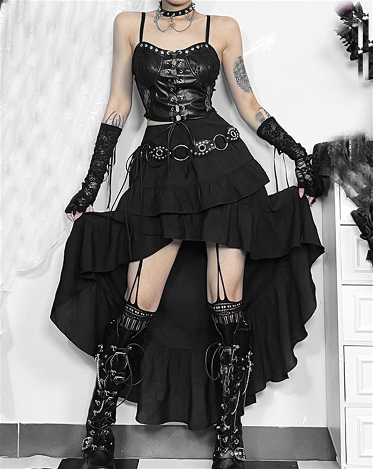 TOMETO STAR Goth Black Long Maxi Skirt for Women Asymmetrical Ruffle Renaissance