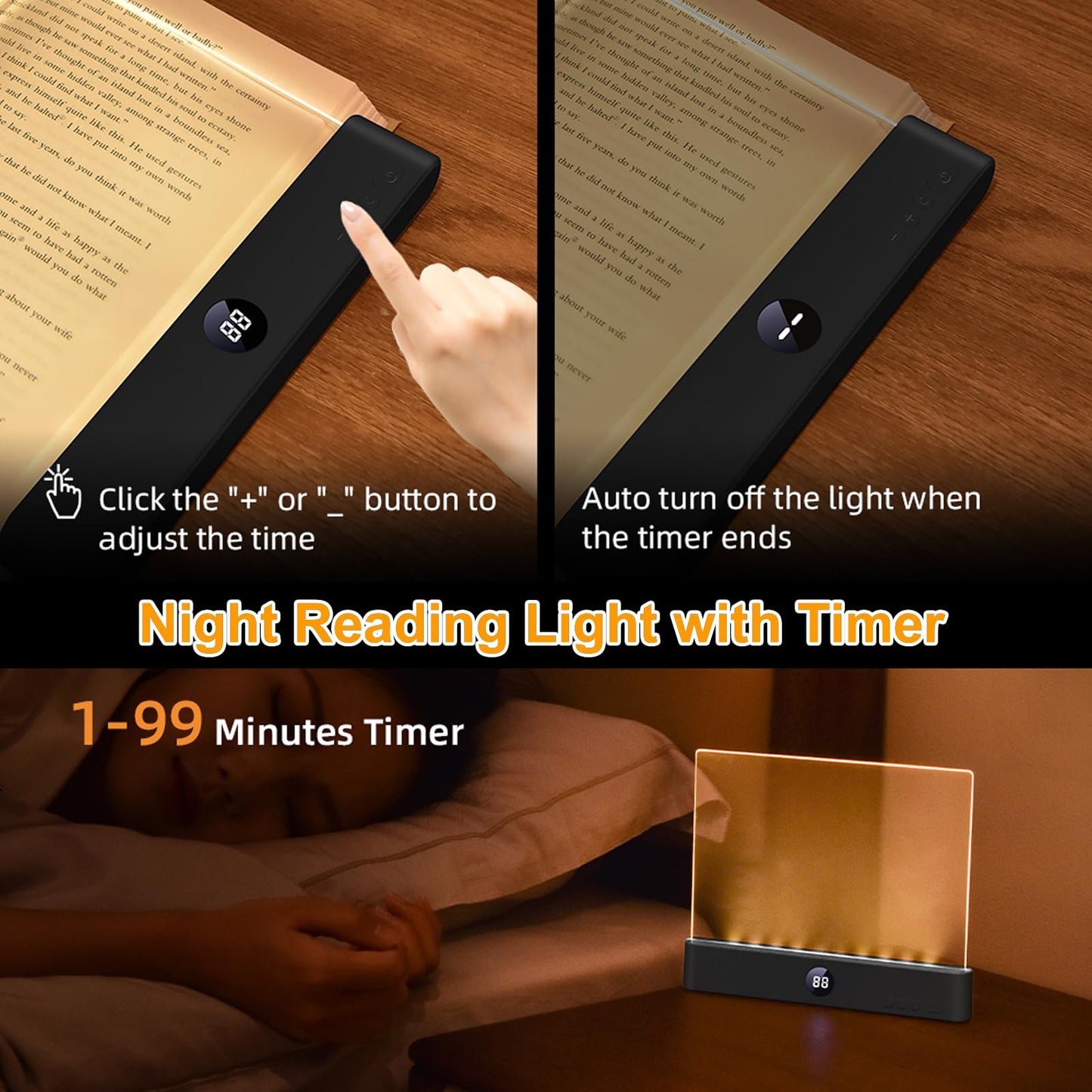 Book Light, Rechargeable Reading Lights for Books in Bed - Eye Caring 3 Color Temperatures, Stepless Dimming Brightness, Timer, Long Lasting, Portable Flat Book Light for Book Lovers (Black)