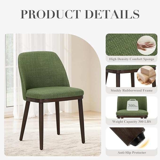 COLAMY Upholstered Dining Chairs Set of 6, Modern Kitchen Chairs with Back, Fabric Side Chair with Wood Legs for Dining Room Kitchen Restaurant, Green