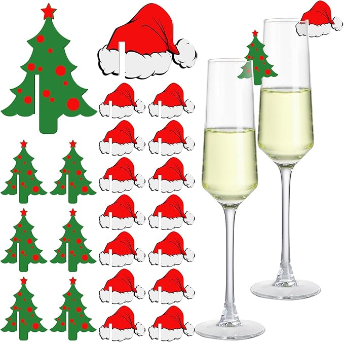 Colingmill 50 Pcs Christmas Tree Santa Hat Drink Markers Christmas Drink Garnish Acrylic Reusable Wine Glass Charms for Xm...