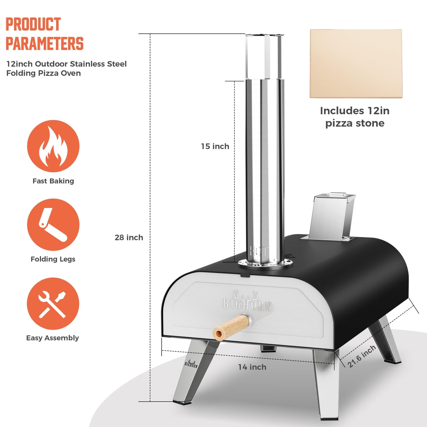 BIG HORN OUTDOORS 12" Woodfire Pizza Stone Oven, 887°F Outdoor Stainless Pizza Cooker, Portable for Party Usage, Black
