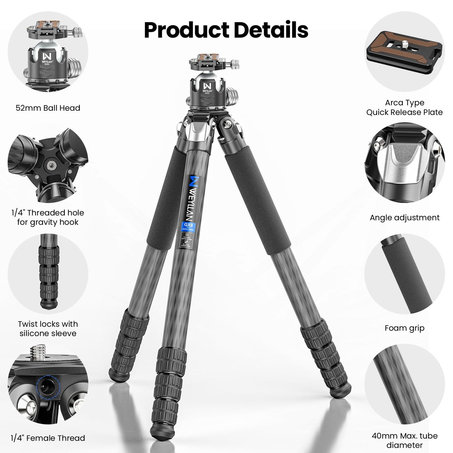 85'' Tripod Carbon Fiber, Heavy Duty Tripod for Camera, Professional Camera Tripods Monopod with 52mm Ballhead, External Center Column Compact, WEYLLAN GX9 Max Tube 40mm for Dslr Camera Telephoto Lens