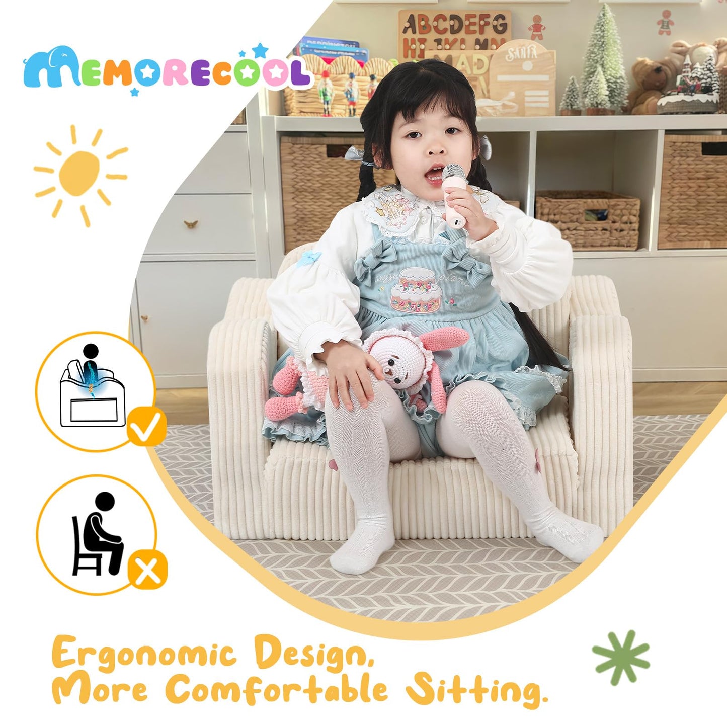 MeMoreCool Toddler Chair Comfy for 1-3 Years Old, Corduroy Kids Couch Bed Fold Out, 2-in-1 Foldable Baby Lounge Chair, Pull Out Children Sofa Bed, Beige
